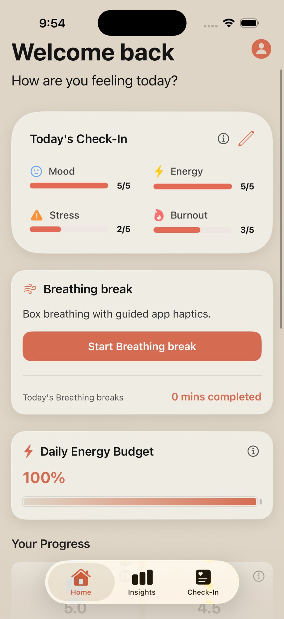PROSPR app showing Today's Check-In with mood, energy, stress and burnout scores