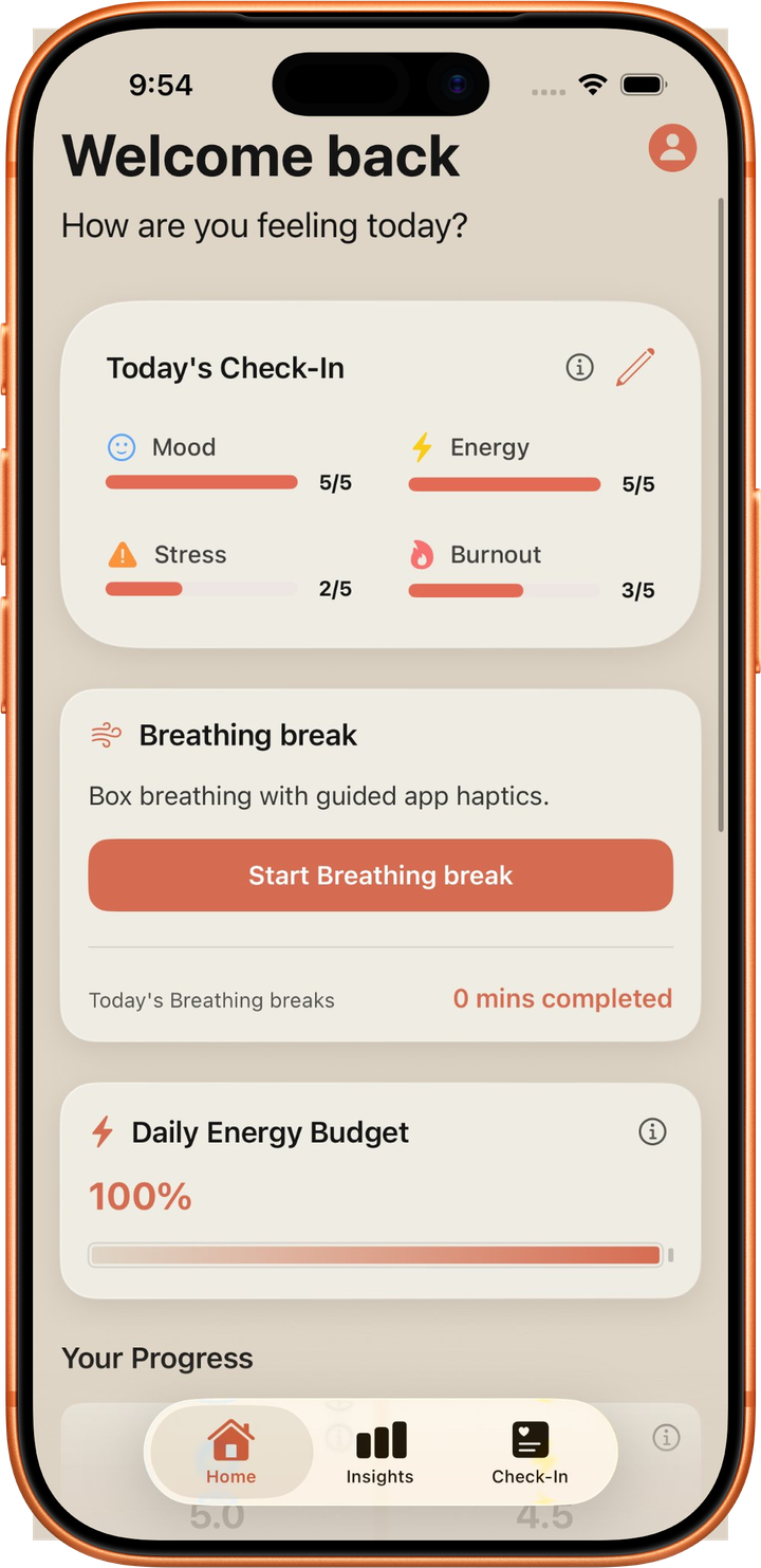 PROSPR on an iPhone 17 Pro showing Today's Check-In with mood, energy, stress and burnout scores